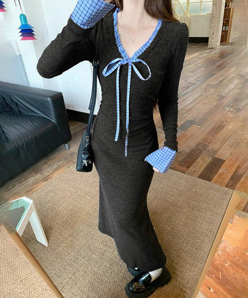 配色リボンニットマーメイドワンピース長袖 レディースチェック柄切り替え ロングワンピース 着やせ Vネック 春秋冬タイトワンピきれいめ大人可愛いニットワンピ韓国風 84YGL-009