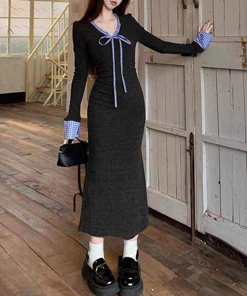 配色リボンニットマーメイドワンピース長袖 レディースチェック柄切り替え ロングワンピース 着やせ Vネック 春秋冬タイトワンピきれいめ大人可愛いニットワンピ韓国風 84YGL-009