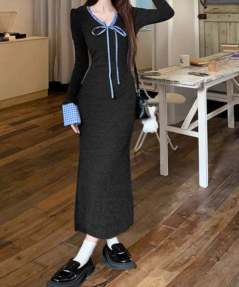 配色リボンニットマーメイドワンピース長袖 レディースチェック柄切り替え ロングワンピース 着やせ Vネック 春秋冬タイトワンピきれいめ大人可愛いニットワンピ韓国風 84YGL-009