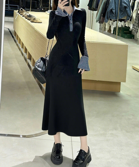 ポロ衿ロングワンピースハーフボタンワンピ レディース リブニットワンピ 長袖タイトワンピース 大人カジュアル 配色スリムワンピース 襟付きボディコンワンピ 韓国風 84YGL-010
