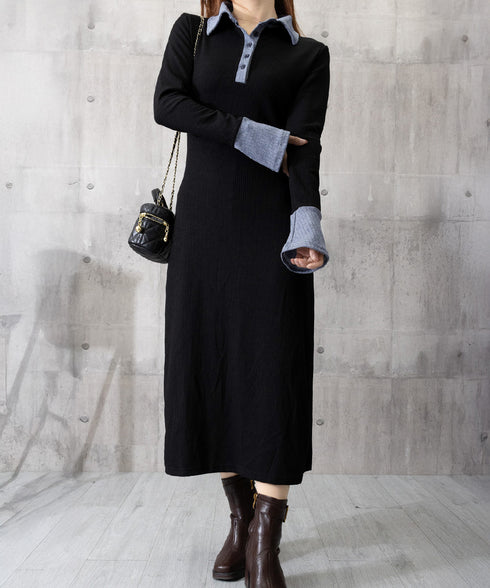 ポロ衿ロングワンピースハーフボタンワンピ レディース リブニットワンピ 長袖タイトワンピース 大人カジュアル 配色スリムワンピース 襟付きボディコンワンピ 韓国風 84YGL-010