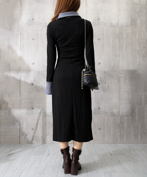 ポロ衿ロングワンピースハーフボタンワンピ レディース リブニットワンピ 長袖タイトワンピース 大人カジュアル 配色スリムワンピース 襟付きボディコンワンピ 韓国風 84YGL-010