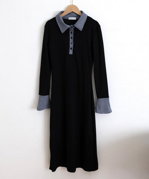 ポロ衿ロングワンピースハーフボタンワンピ レディース リブニットワンピ 長袖タイトワンピース 大人カジュアル 配色スリムワンピース 襟付きボディコンワンピ 韓国風 84YGL-010