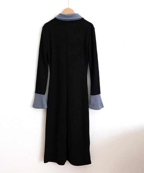 ポロ衿ロングワンピースハーフボタンワンピ レディース リブニットワンピ 長袖タイトワンピース 大人カジュアル 配色スリムワンピース 襟付きボディコンワンピ 韓国風 84YGL-010