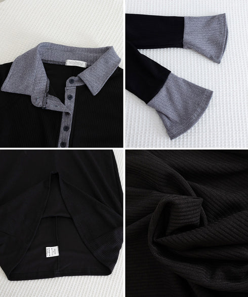 ポロ衿ロングワンピースハーフボタンワンピ レディース リブニットワンピ 長袖タイトワンピース 大人カジュアル 配色スリムワンピース 襟付きボディコンワンピ 韓国風 84YGL-010