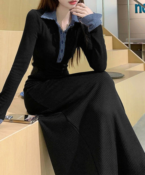 ポロ衿ロングワンピースハーフボタンワンピ レディース リブニットワンピ 長袖タイトワンピース 大人カジュアル 配色スリムワンピース 襟付きボディコンワンピ 韓国風 84YGL-010