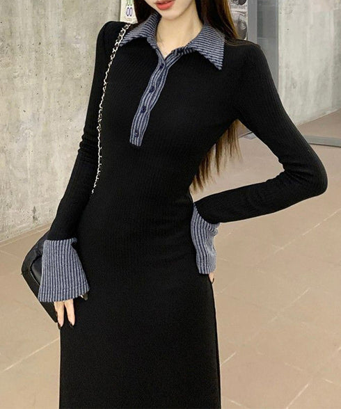 ポロ衿ロングワンピースハーフボタンワンピ レディース リブニットワンピ 長袖タイトワンピース 大人カジュアル 配色スリムワンピース 襟付きボディコンワンピ 韓国風 84YGL-010