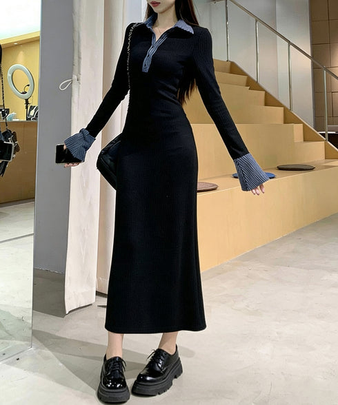 ポロ衿ロングワンピースハーフボタンワンピ レディース リブニットワンピ 長袖タイトワンピース 大人カジュアル 配色スリムワンピース 襟付きボディコンワンピ 韓国風 84YGL-010