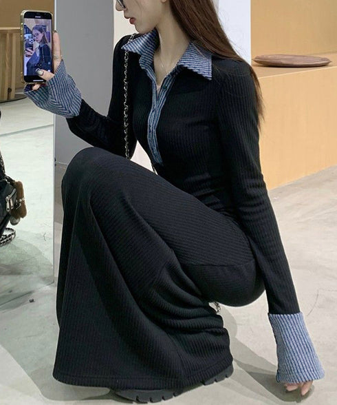 ポロ衿ロングワンピースハーフボタンワンピ レディース リブニットワンピ 長袖タイトワンピース 大人カジュアル 配色スリムワンピース 襟付きボディコンワンピ 韓国風 84YGL-010