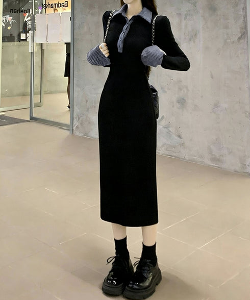 ポロ衿ロングワンピースハーフボタンワンピ レディース リブニットワンピ 長袖タイトワンピース 大人カジュアル 配色スリムワンピース 襟付きボディコンワンピ 韓国風 84YGL-010