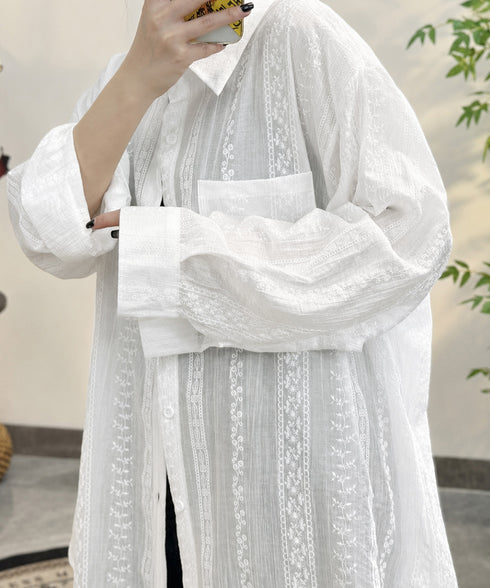 韓国風シアーシャツレース柄ブラウス春夏服 レディースドロップショルダー きれいめカーディガン長袖 透け感トップスおしゃれ 冷房対策羽織りもの 日焼け防止体型カバー 84YGL-012