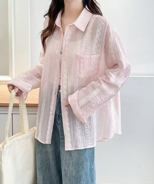韓国風シアーシャツレース柄ブラウス春夏服 レディースドロップショルダー きれいめカーディガン長袖 透け感トップスおしゃれ 冷房対策羽織りもの 日焼け防止体型カバー 84YGL-012