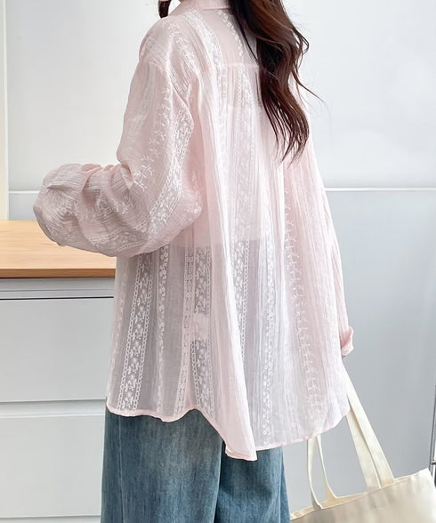 韓国風シアーシャツレース柄ブラウス春夏服 レディースドロップショルダー きれいめカーディガン長袖 透け感トップスおしゃれ 冷房対策羽織りもの 日焼け防止体型カバー 84YGL-012