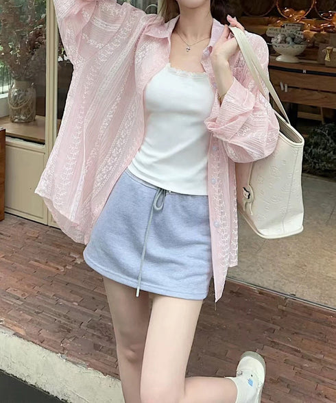 韓国風シアーシャツレース柄ブラウス春夏服 レディースドロップショルダー きれいめカーディガン長袖 透け感トップスおしゃれ 冷房対策羽織りもの 日焼け防止体型カバー 84YGL-012