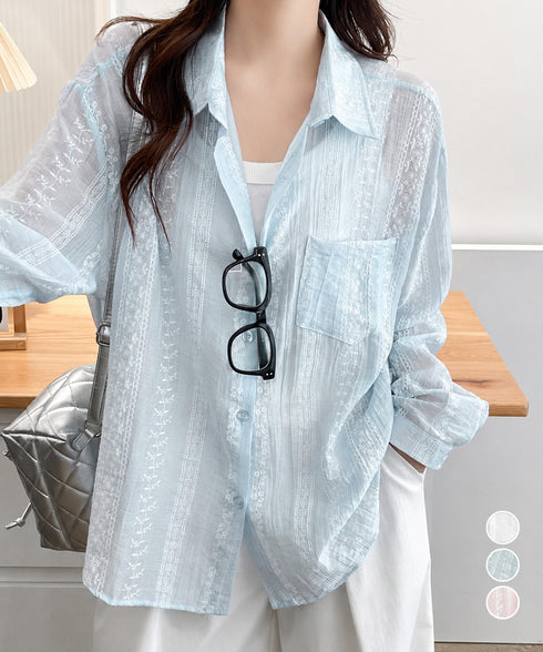 韓国風シアーシャツレース柄ブラウス春夏服 レディースドロップショルダー きれいめカーディガン長袖 透け感トップスおしゃれ 冷房対策羽織りもの 日焼け防止体型カバー 84YGL-012