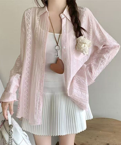 韓国風シアーシャツレース柄ブラウス春夏服 レディースドロップショルダー きれいめカーディガン長袖 透け感トップスおしゃれ 冷房対策羽織りもの 日焼け防止体型カバー 84YGL-012