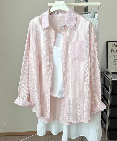 韓国風シアーシャツレース柄ブラウス春夏服 レディースドロップショルダー きれいめカーディガン長袖 透け感トップスおしゃれ 冷房対策羽織りもの 日焼け防止体型カバー 84YGL-012