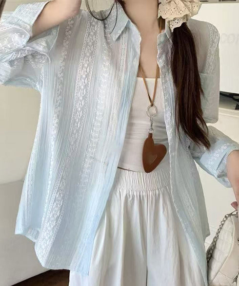 韓国風シアーシャツレース柄ブラウス春夏服 レディースドロップショルダー きれいめカーディガン長袖 透け感トップスおしゃれ 冷房対策羽織りもの 日焼け防止体型カバー 84YGL-012