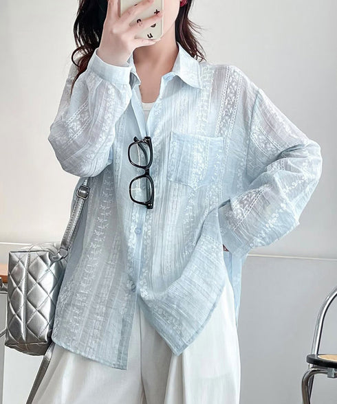 韓国風シアーシャツレース柄ブラウス春夏服 レディースドロップショルダー きれいめカーディガン長袖 透け感トップスおしゃれ 冷房対策羽織りもの 日焼け防止体型カバー 84YGL-012