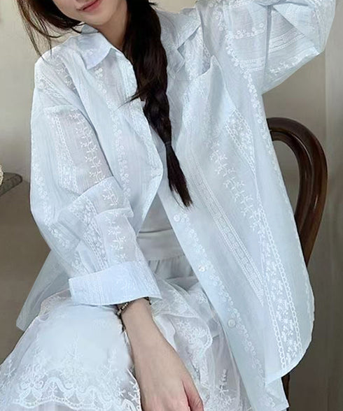 韓国風シアーシャツレース柄ブラウス春夏服 レディースドロップショルダー きれいめカーディガン長袖 透け感トップスおしゃれ 冷房対策羽織りもの 日焼け防止体型カバー 84YGL-012