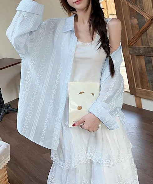 韓国風シアーシャツレース柄ブラウス春夏服 レディースドロップショルダー きれいめカーディガン長袖 透け感トップスおしゃれ 冷房対策羽織りもの 日焼け防止体型カバー 84YGL-012