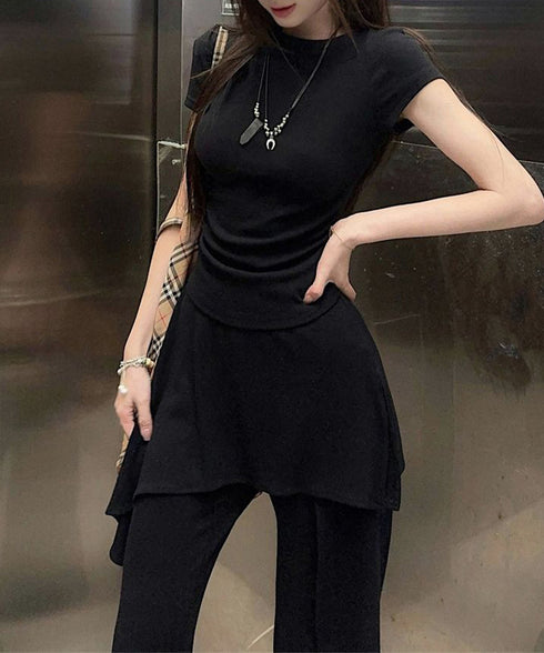 半袖Tシャツ スカート付パンツ上下セット レディース大人可愛いセットアップ サイドギャザーtシャツ レイヤード風フレアパンツ ハイウエスト美脚脚長 韓国風夏服新作 84YGL-013