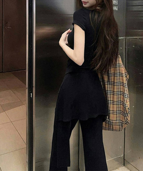 半袖Tシャツ スカート付パンツ上下セット レディース大人可愛いセットアップ サイドギャザーtシャツ レイヤード風フレアパンツ ハイウエスト美脚脚長 韓国風夏服新作 84YGL-013