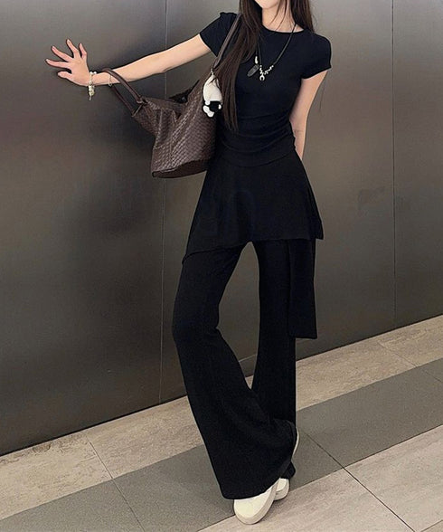 半袖Tシャツ スカート付パンツ上下セット レディース大人可愛いセットアップ サイドギャザーtシャツ レイヤード風フレアパンツ ハイウエスト美脚脚長 韓国風夏服新作 84YGL-013