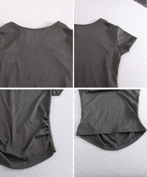 半袖Tシャツ スカート付パンツ上下セット レディース大人可愛いセットアップ サイドギャザーtシャツ レイヤード風フレアパンツ ハイウエスト美脚脚長 韓国風夏服新作 84YGL-013
