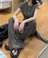 半袖Tシャツ スカート付パンツ上下セット レディース大人可愛いセットアップ サイドギャザーtシャツ レイヤード風フレアパンツ ハイウエスト美脚脚長 韓国風夏服新作 84YGL-013
