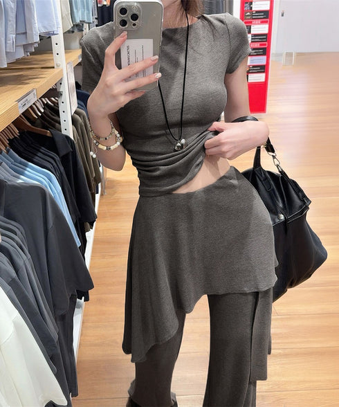 半袖Tシャツ スカート付パンツ上下セット レディース大人可愛いセットアップ サイドギャザーtシャツ レイヤード風フレアパンツ ハイウエスト美脚脚長 韓国風夏服新作 84YGL-013