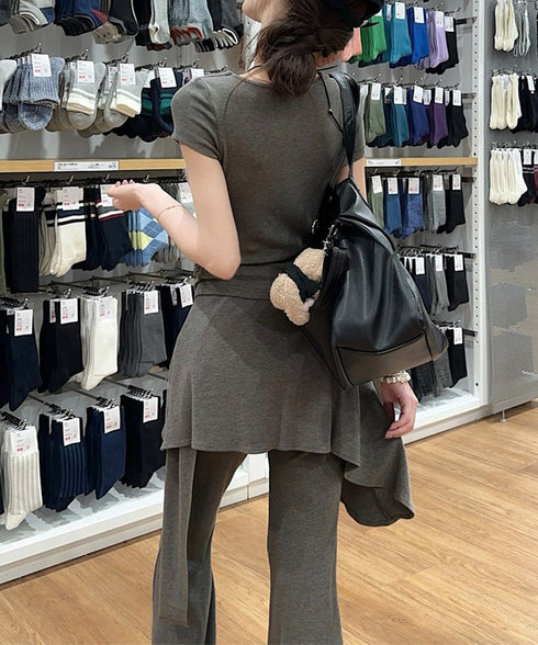 半袖Tシャツ スカート付パンツ上下セット レディース大人可愛いセットアップ サイドギャザーtシャツ レイヤード風フレアパンツ ハイウエスト美脚脚長 韓国風夏服新作 84YGL-013