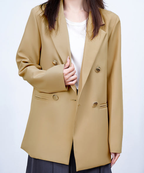ダブルボタンテーラードジャケットミドル丈 レディースベーシック スーツジャケット オフィスカジュアル ライトアウター 体型カバー入学式卒業式入園式ジャケット 長袖 84YIJIAO-001