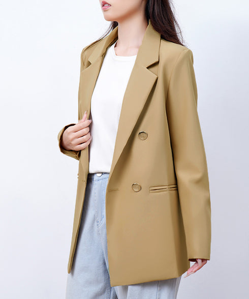 ダブルボタンテーラードジャケットミドル丈 レディースベーシック スーツジャケット オフィスカジュアル ライトアウター 体型カバー入学式卒業式入園式ジャケット 長袖 84YIJIAO-001
