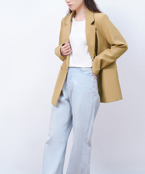 ダブルボタンテーラードジャケットミドル丈 レディースベーシック スーツジャケット オフィスカジュアル ライトアウター 体型カバー入学式卒業式入園式ジャケット 長袖 84YIJIAO-001