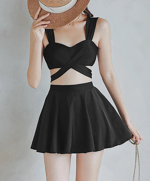 ビキニ水着3点セット バスト盛れるみずぎ レディース セクシークロスバンドゥビキニ ハイウエストフリルミニスカート水着セット バッグリボンスイムウェア 体型カバー 84YIQUN-001