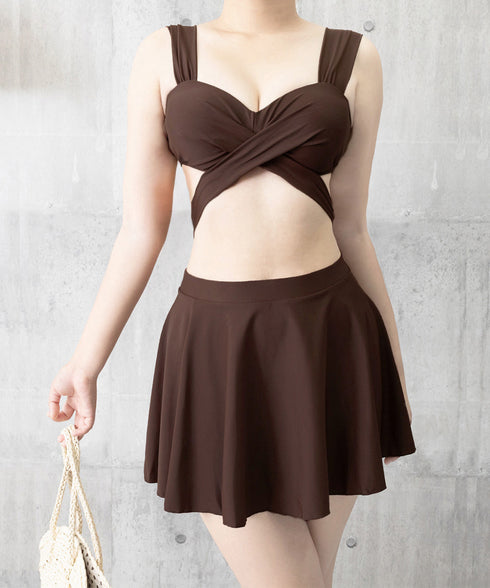 ビキニ水着3点セット バスト盛れるみずぎ レディース セクシークロスバンドゥビキニ ハイウエストフリルミニスカート水着セット バッグリボンスイムウェア 体型カバー 84YIQUN-001