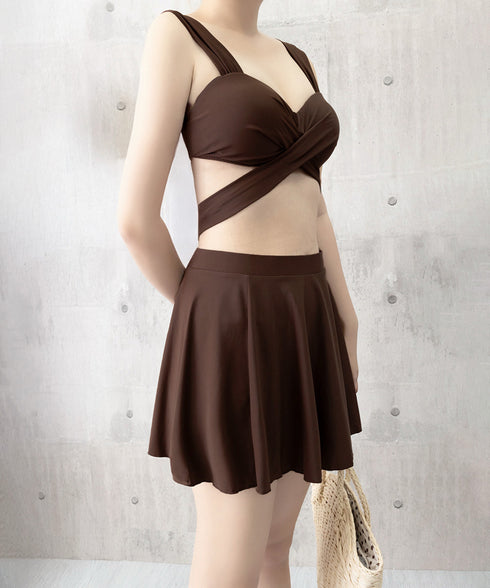 ビキニ水着3点セット バスト盛れるみずぎ レディース セクシークロスバンドゥビキニ ハイウエストフリルミニスカート水着セット バッグリボンスイムウェア 体型カバー 84YIQUN-001