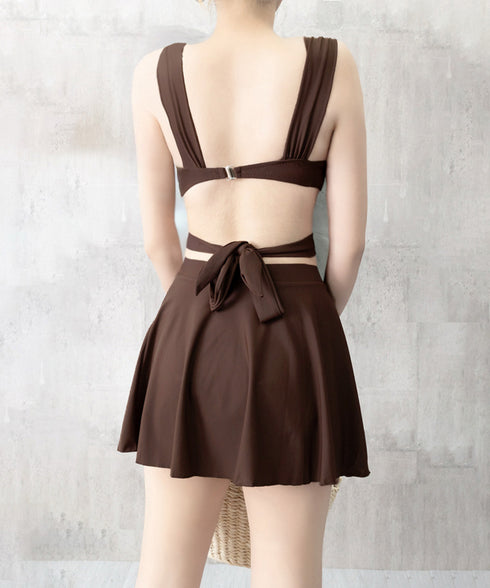 ビキニ水着3点セット バスト盛れるみずぎ レディース セクシークロスバンドゥビキニ ハイウエストフリルミニスカート水着セット バッグリボンスイムウェア 体型カバー 84YIQUN-001