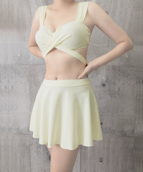 ビキニ水着3点セット バスト盛れるみずぎ レディース セクシークロスバンドゥビキニ ハイウエストフリルミニスカート水着セット バッグリボンスイムウェア 体型カバー 84YIQUN-001