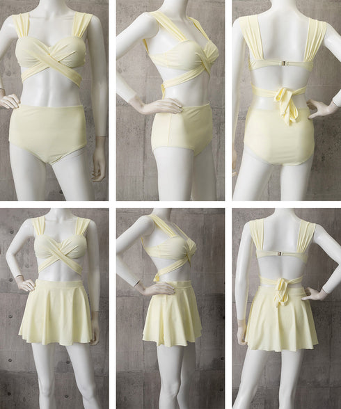 ビキニ水着3点セット バスト盛れるみずぎ レディース セクシークロスバンドゥビキニ ハイウエストフリルミニスカート水着セット バッグリボンスイムウェア 体型カバー 84YIQUN-001