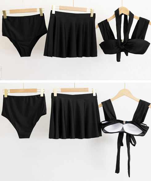 ビキニ水着3点セット バスト盛れるみずぎ レディース セクシークロスバンドゥビキニ ハイウエストフリルミニスカート水着セット バッグリボンスイムウェア 体型カバー 84YIQUN-001