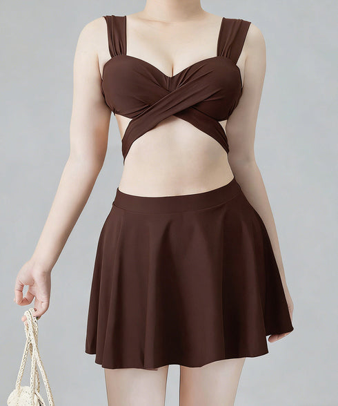 ビキニ水着3点セット バスト盛れるみずぎ レディース セクシークロスバンドゥビキニ ハイウエストフリルミニスカート水着セット バッグリボンスイムウェア 体型カバー 84YIQUN-001