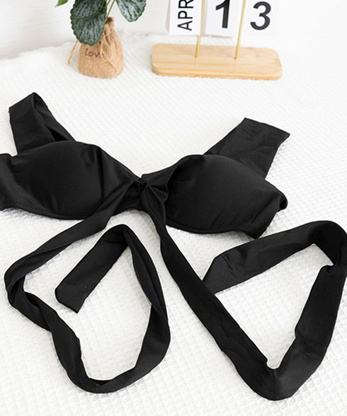 ビキニ水着3点セット バスト盛れるみずぎ レディース セクシークロスバンドゥビキニ ハイウエストフリルミニスカート水着セット バッグリボンスイムウェア 体型カバー 84YIQUN-001