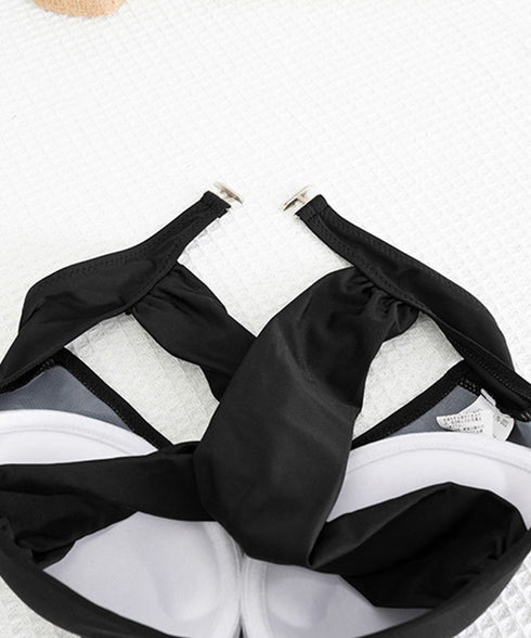 ビキニ水着3点セット バスト盛れるみずぎ レディース セクシークロスバンドゥビキニ ハイウエストフリルミニスカート水着セット バッグリボンスイムウェア 体型カバー 84YIQUN-001