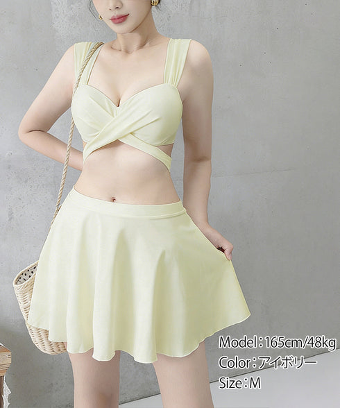 ビキニ水着3点セット バスト盛れるみずぎ レディース セクシークロスバンドゥビキニ ハイウエストフリルミニスカート水着セット バッグリボンスイムウェア 体型カバー 84YIQUN-001