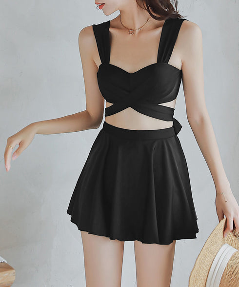 ビキニ水着3点セット バスト盛れるみずぎ レディース セクシークロスバンドゥビキニ ハイウエストフリルミニスカート水着セット バッグリボンスイムウェア 体型カバー 84YIQUN-001