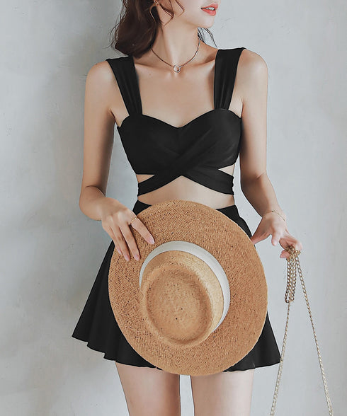 ビキニ水着3点セット バスト盛れるみずぎ レディース セクシークロスバンドゥビキニ ハイウエストフリルミニスカート水着セット バッグリボンスイムウェア 体型カバー 84YIQUN-001