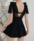 バックシャンワンピース水着 体型カバー Vネックバスト盛れる水着ショートパンツ付き ショルダーリボン水着セット背中開きフレアワンピ 露出控えめスイムウェア着やせ 84YIQUN-003