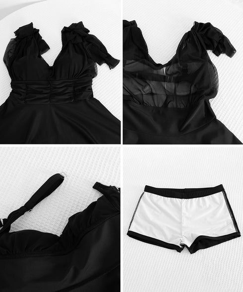 バックシャンワンピース水着 体型カバー Vネックバスト盛れる水着ショートパンツ付き ショルダーリボン水着セット背中開きフレアワンピ 露出控えめスイムウェア着やせ 84YIQUN-003
